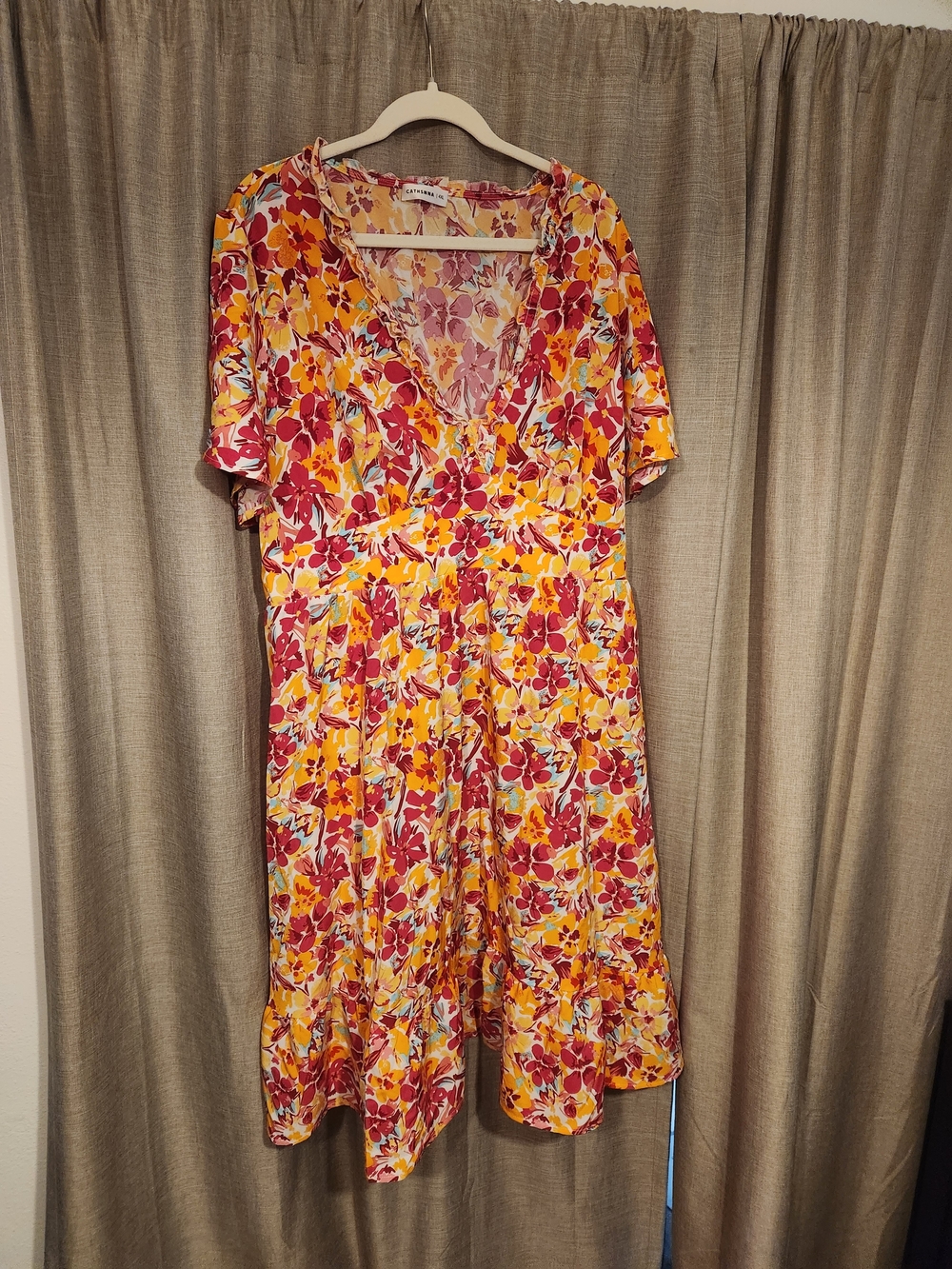 Cathsnna Bright Floral V-Neck Midi Dress in Yellow & Red